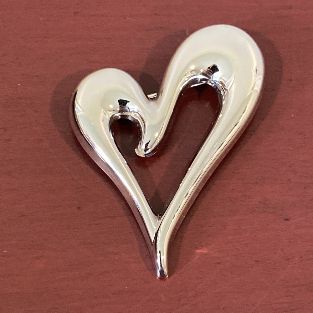 Vintage Signed Monet Silver Tone Heart Brooch Pin 1980's 2"